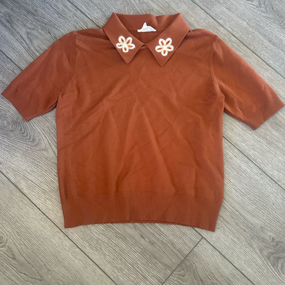 La Vila Milano Rust Knit Polo Sweater - Felted Flower Collar - Size M